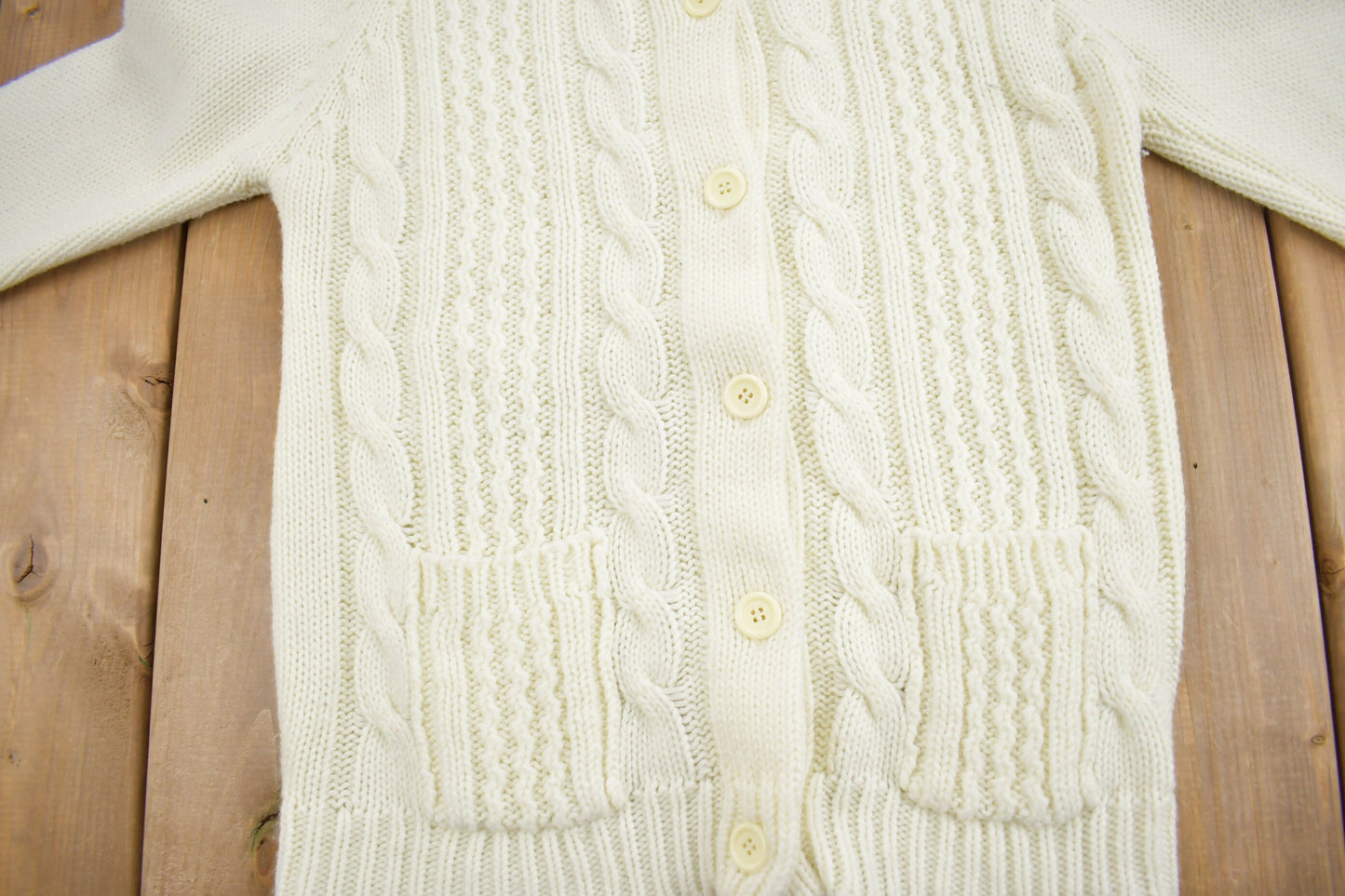 Vintage 1980s Cable Knit Acrylic Cardigan Sweater / Vintage Cardigan / Button Up / White Sweater