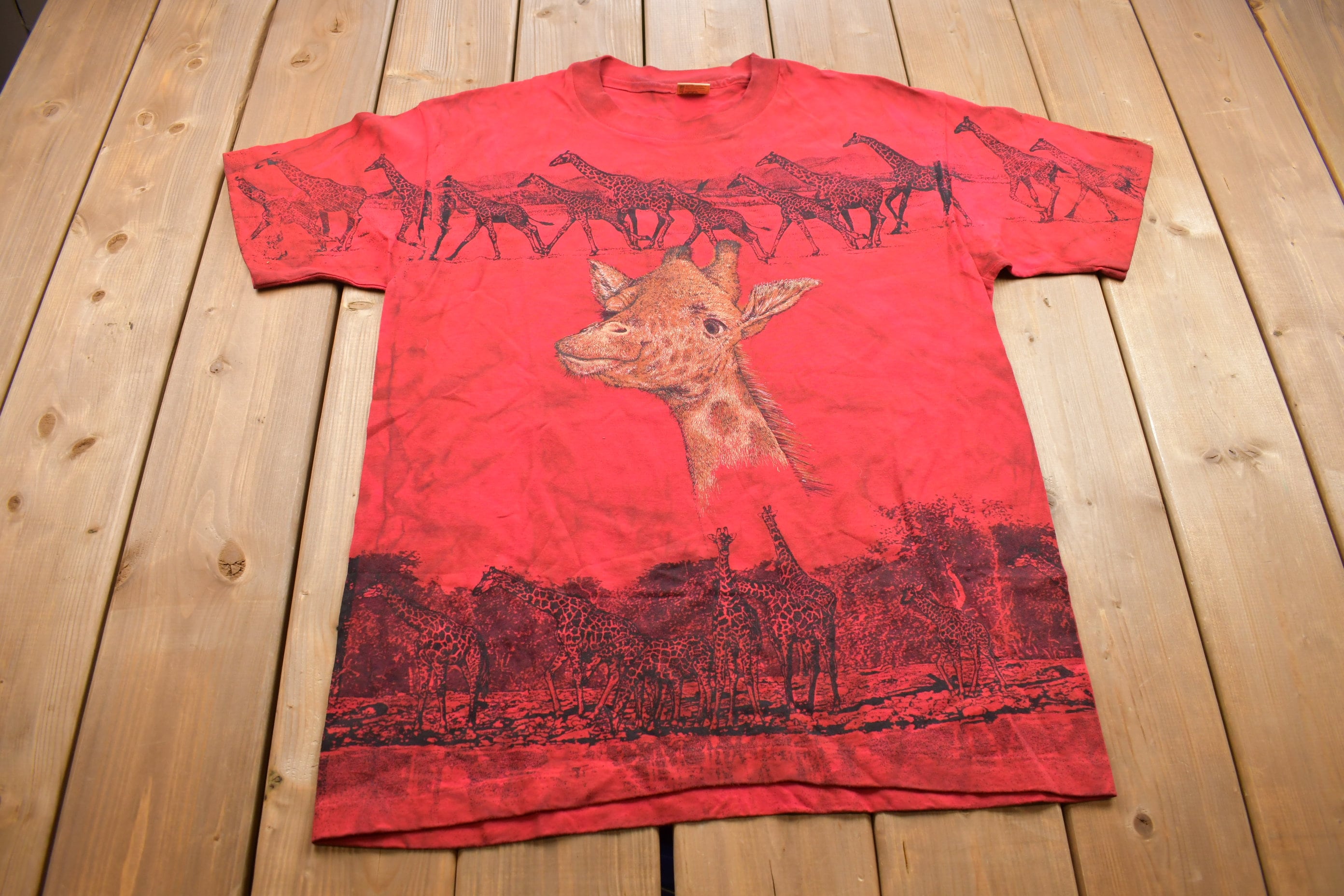 Vintage 1990s Anvil Giraffe All Over Print Graphic T Shirt