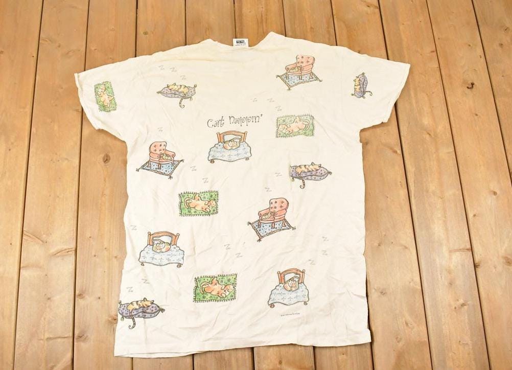 Vintage 1990s Cat Nappin AOP Sleeping Kitty Souvenir Sleepwear T-Shirt Women's XXL