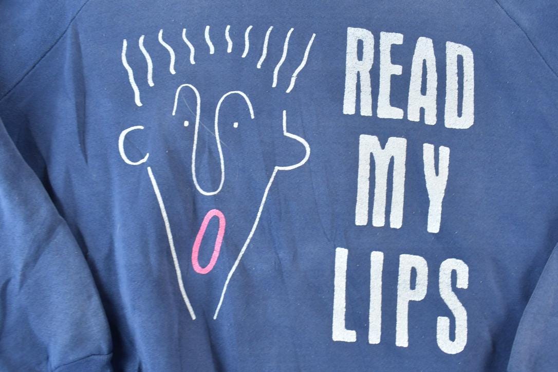 Vintage 1990s Read My Lips Noodle Hair Guy Crewneck Sweatshirt