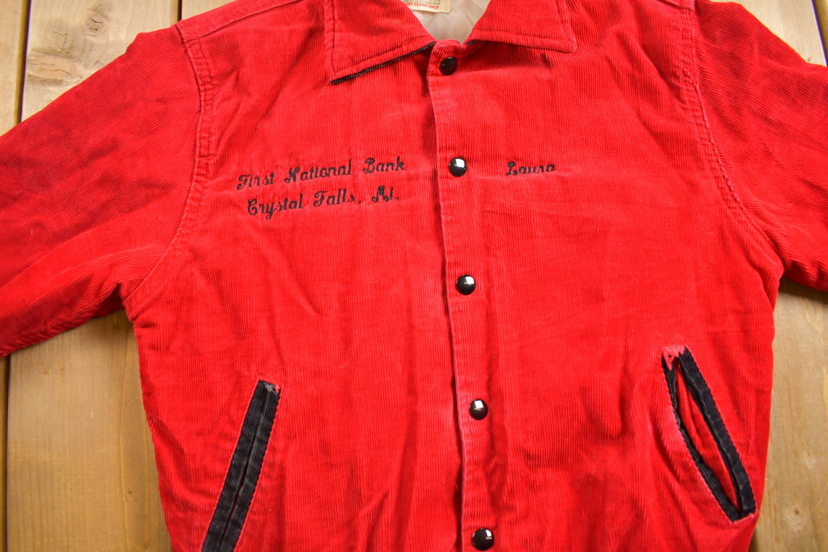 Vintage 1970s First National Bank Crystal Falls Michigan Corduroy Embroidered Jacket