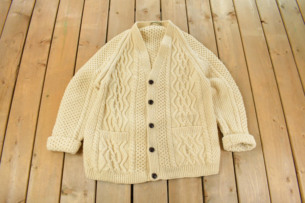 Vintage 1980s Bunratty Hand Knit Wool 3D Cable Knit Cardigan Sweater Men's Large