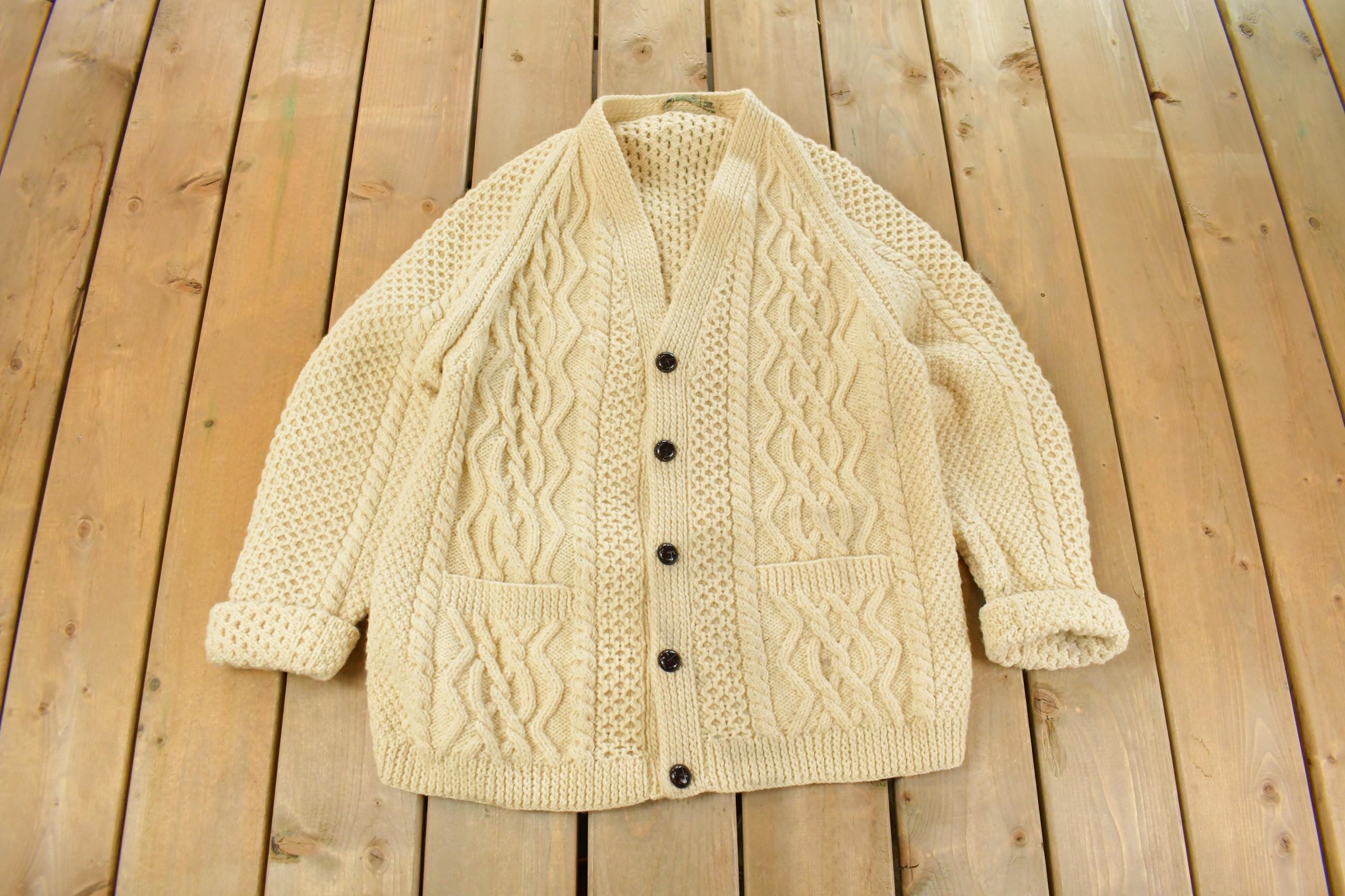 Vintage 1980s Bunratty Hand Knit Wool 3D Cable Knit Cardigan Sweater Men's Large