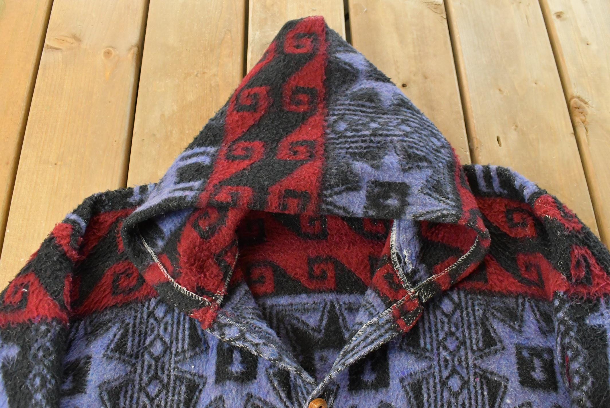 Vintage 1980s Ecuador Native Wool Hand Knit Hoodie Sweater Men's XL
