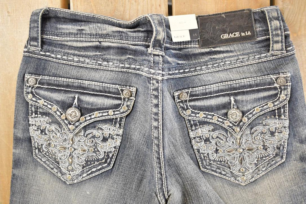 Vintage Deadstock Y2K Grace In LA Bedazzled Bootcut Low Rise Jeans Women's Size 26 x 32