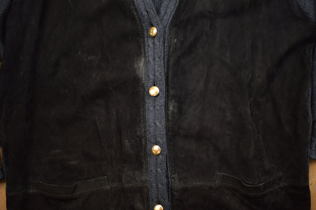 Vintage 1980s Giacomo Firenze Suede Leather Knit Cardigan Sweater