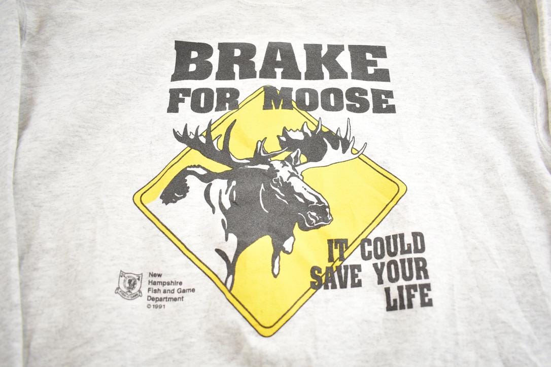 Vintage 1991 Brake For Moose Wildlife Safety Crewneck Sweatshirt Made In USA