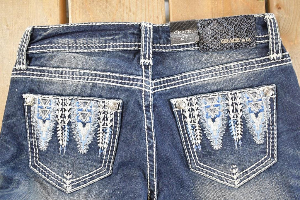 Vintage Deadstock Y2K Grace In LA Bedazzled Bootcut Low Rise Jeans Women's Size 26 x 32