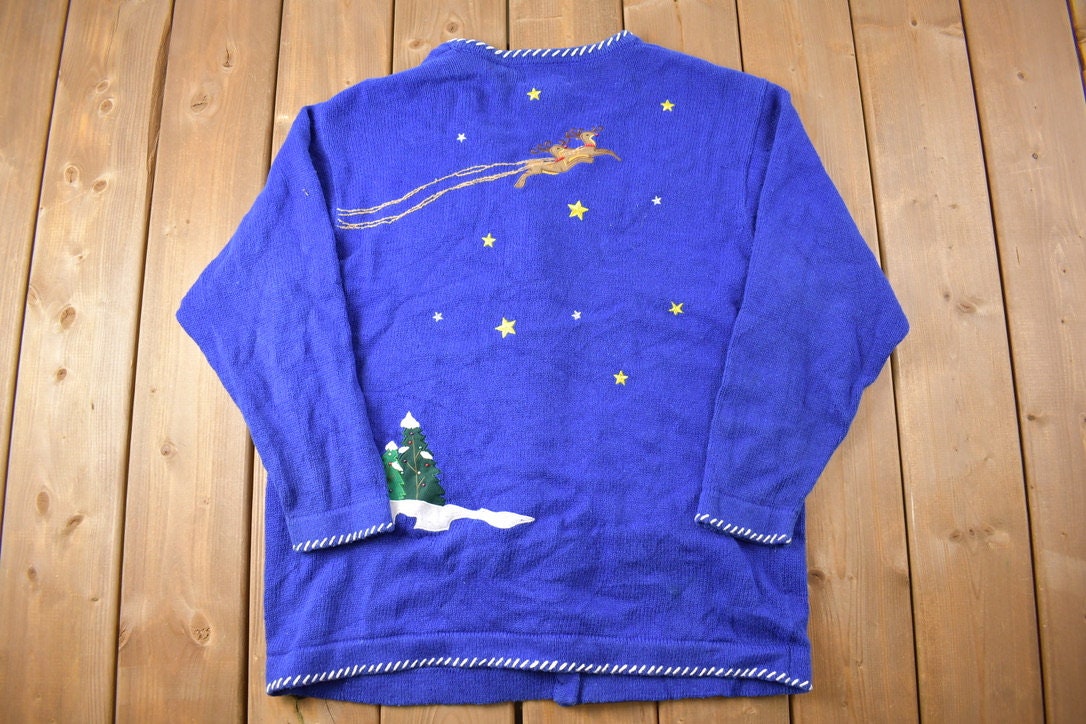 Vintage 1990s The Quacker Factory Christmas Theme Knit Cardigan  Vintage Cardigan  Button Up  Abstract Pattern  All Over Print