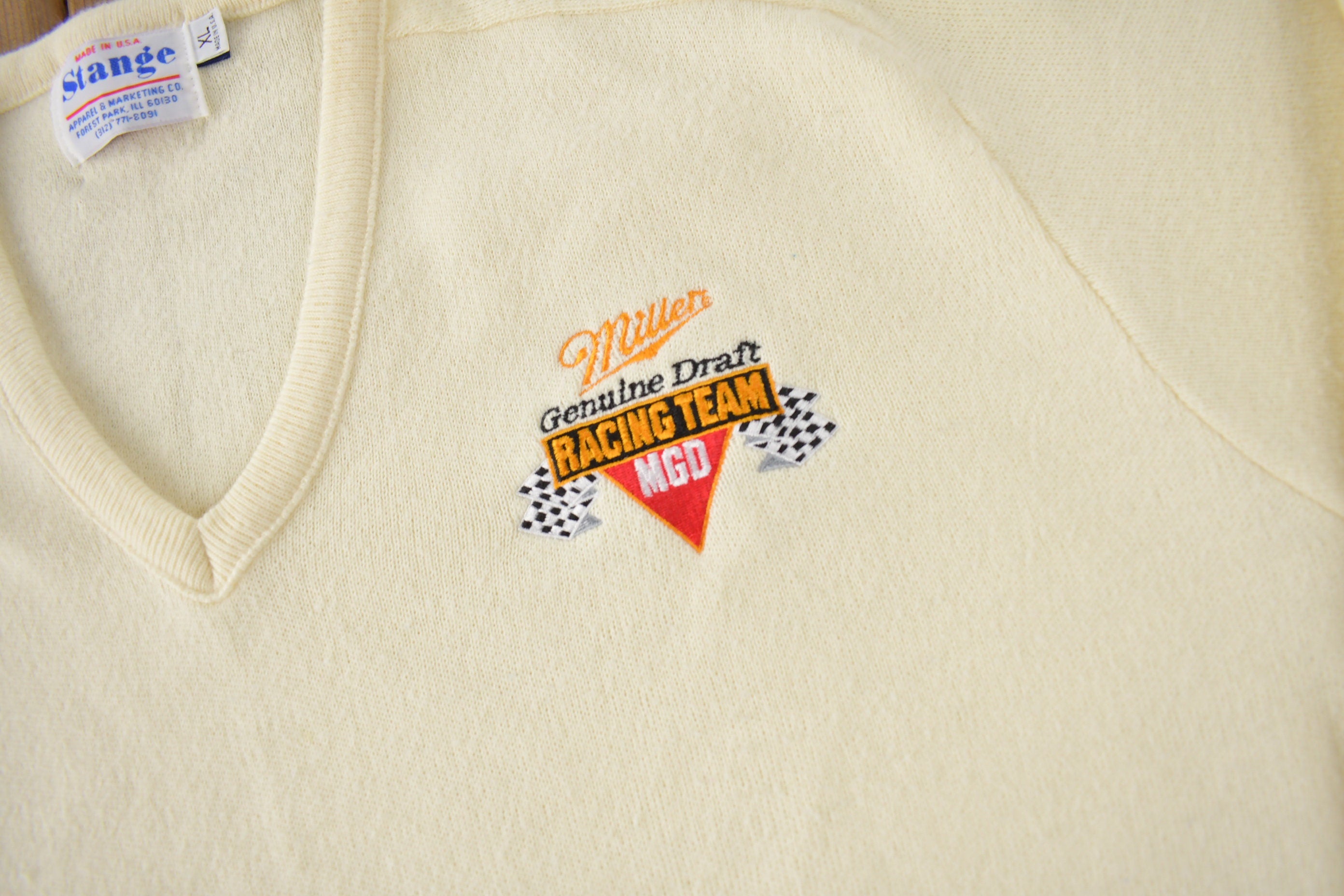 Vintage 1990s Miller Genuine Draft Racing Team Knit V Neck Sweater Size XL Made In USA