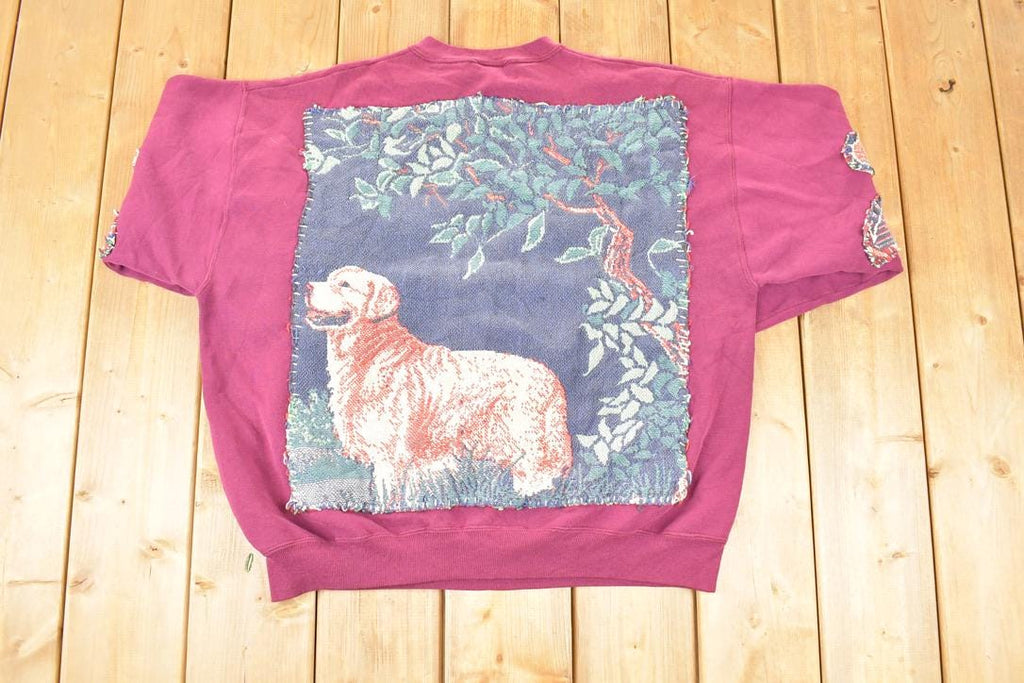 Vintage 1990s Aurora Community College Puppy Patchwork Crewneck Sweatshirt Men's XL