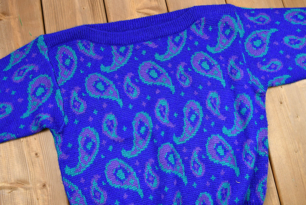 Vintage 1980s Dayglo Paisley Print Boat-Neck Knit Sweater