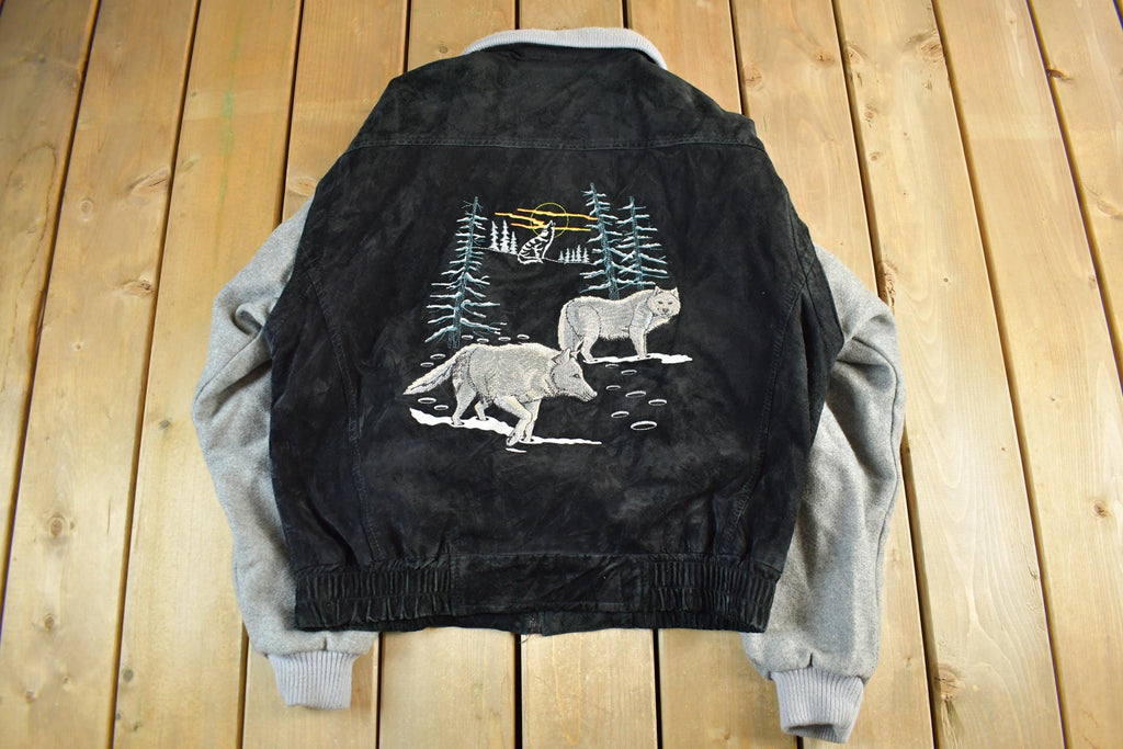 Vintage 1990s Wolf Nature Wool Leather Varsity Jacket