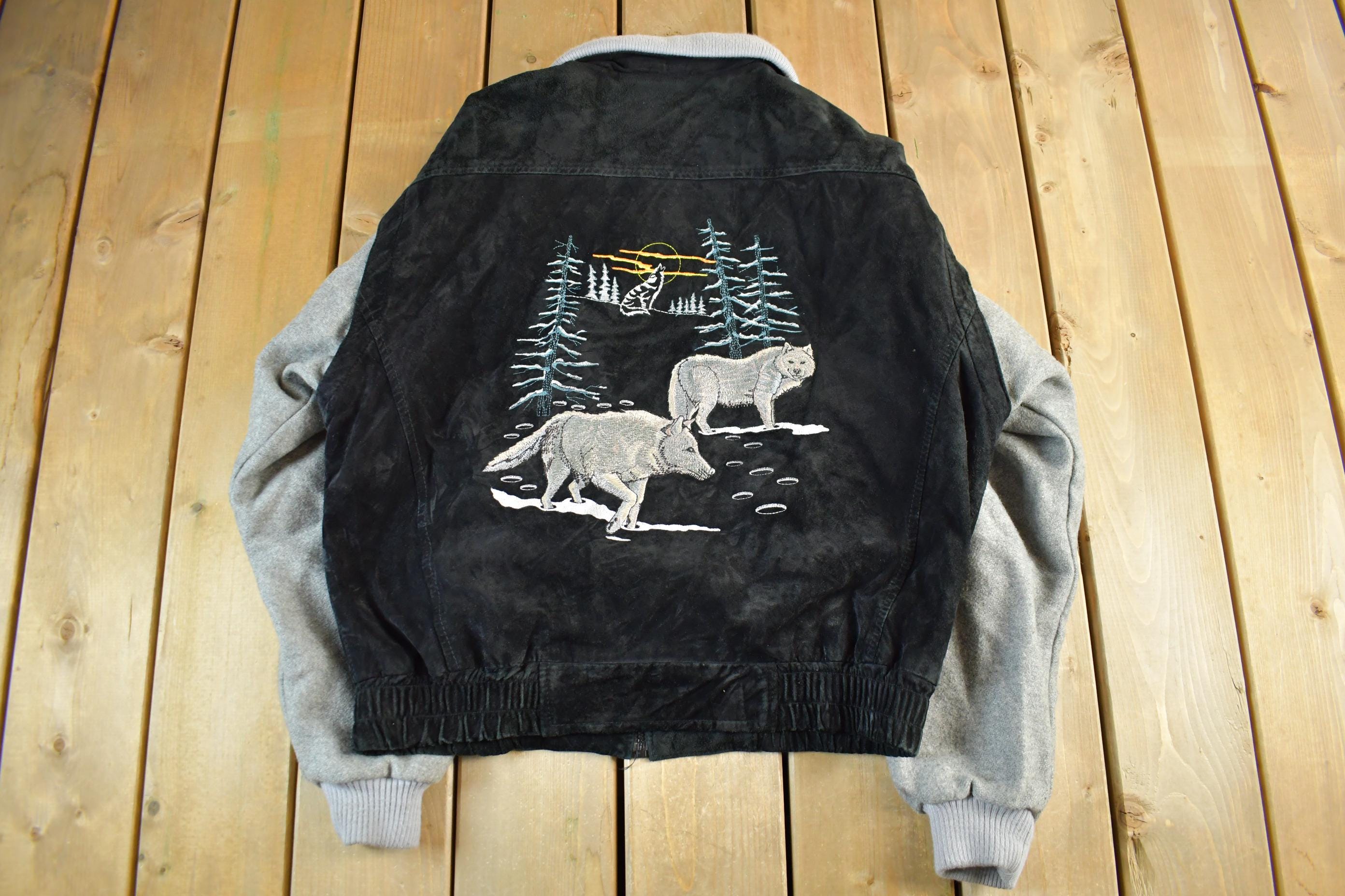 Vintage 1990s Wolf Nature Wool Leather Varsity Jacket