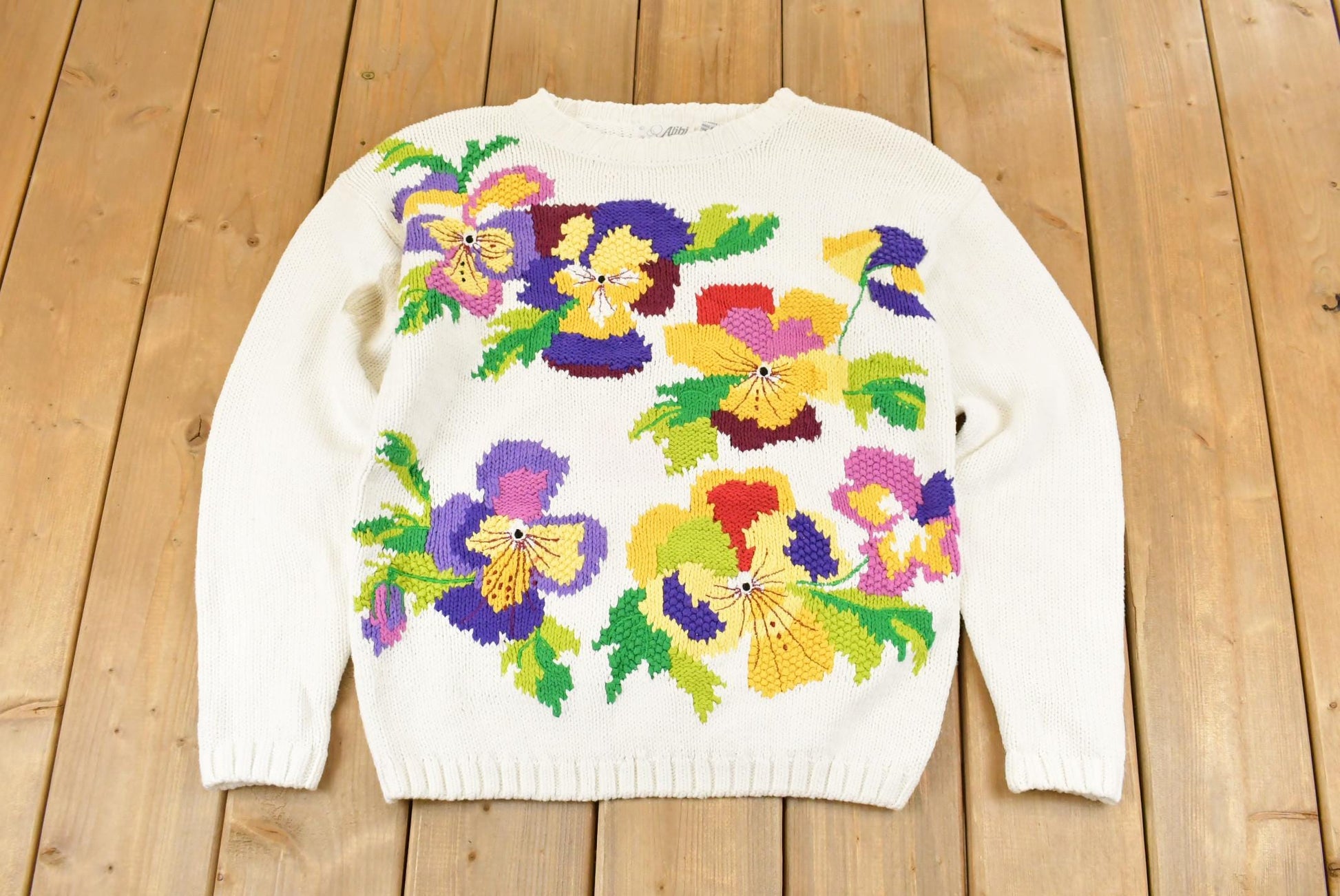 Vintage 1990s Alibi Knit Floral Sweater Women's Medium / Vintage 90s Crewneck / Floral Pattern Sweater / Pullover Sweatshirt