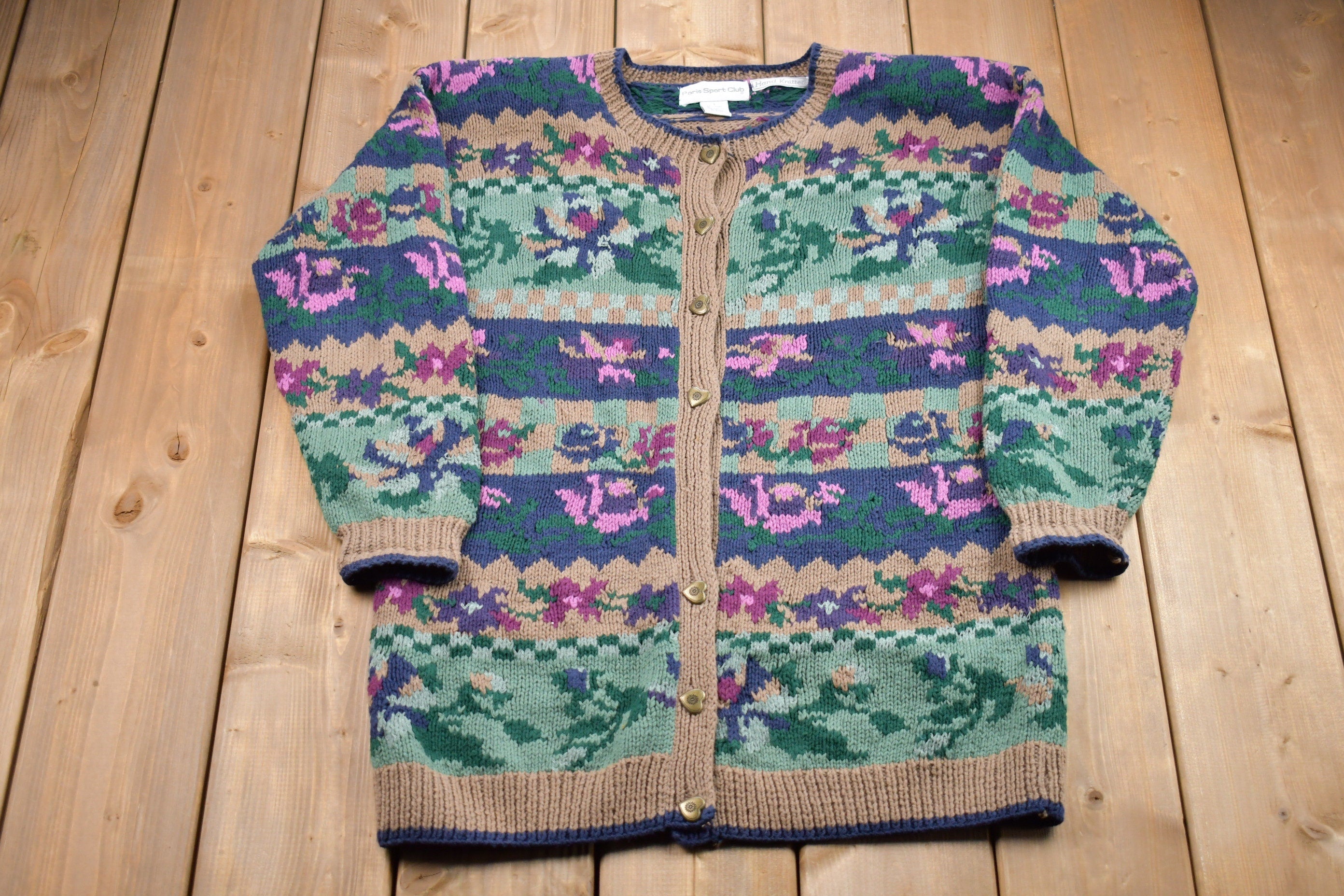 Vintage 1990s Paris Sport Club Floral Knitted Cardigan