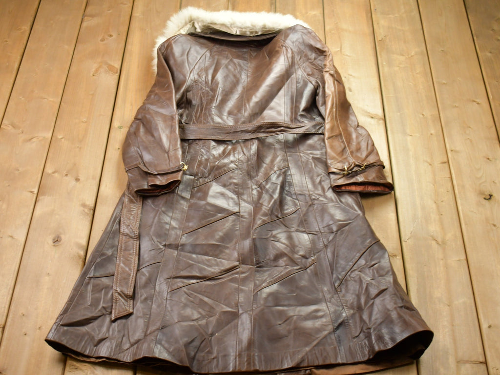 Vintage 1970s Leather Trench Coat With Fox Fur Collar