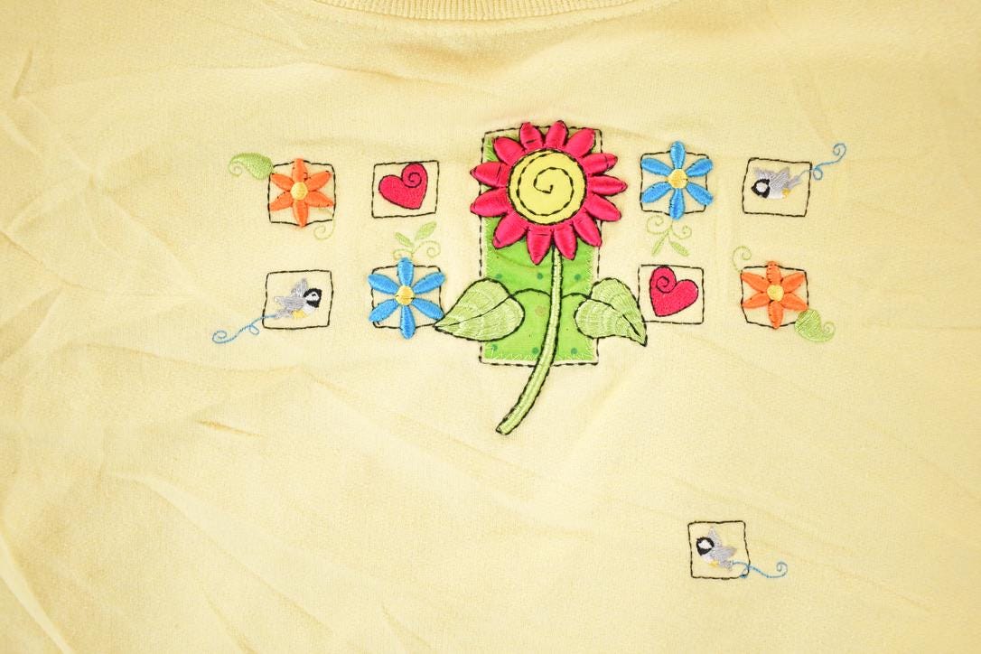 Vintage 1990s Top Stitch Embroidered Floral Double Collar Crewneck Sweatshirt Women's XL