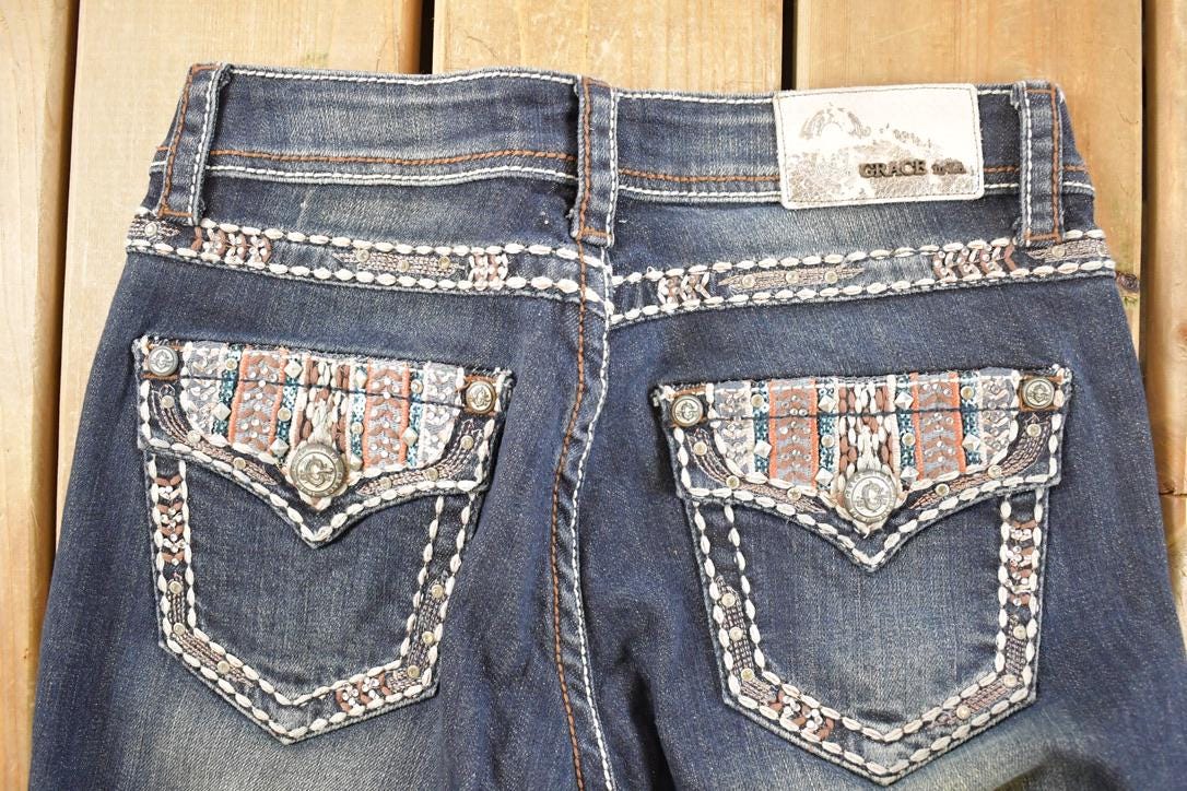Vintage Deadstock Y2K Grace In LA Bedazzled Low Rise Jeans Women's Size 27 x 32