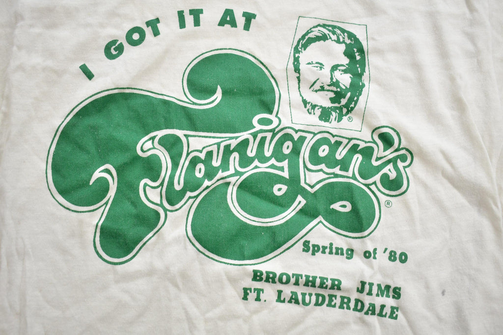 Vintage 1980s "I Got It At Flanigan's" Brother Jims Ft Lauderdale Souvenir Ringer Shirt
