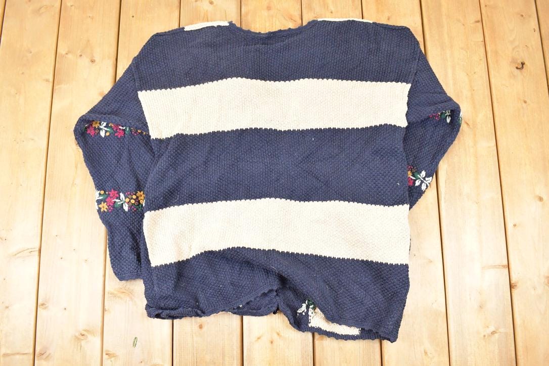 Vintage 1990s Christopher & Banks Hand Embroidered Floral Knit Cardigan Sweater Womens L