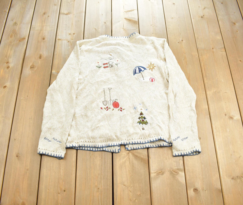 Vintage 1990s Summer Fun Spring Winter Fall Hand Embroidered Knit Cardigan Sweater Made In USA