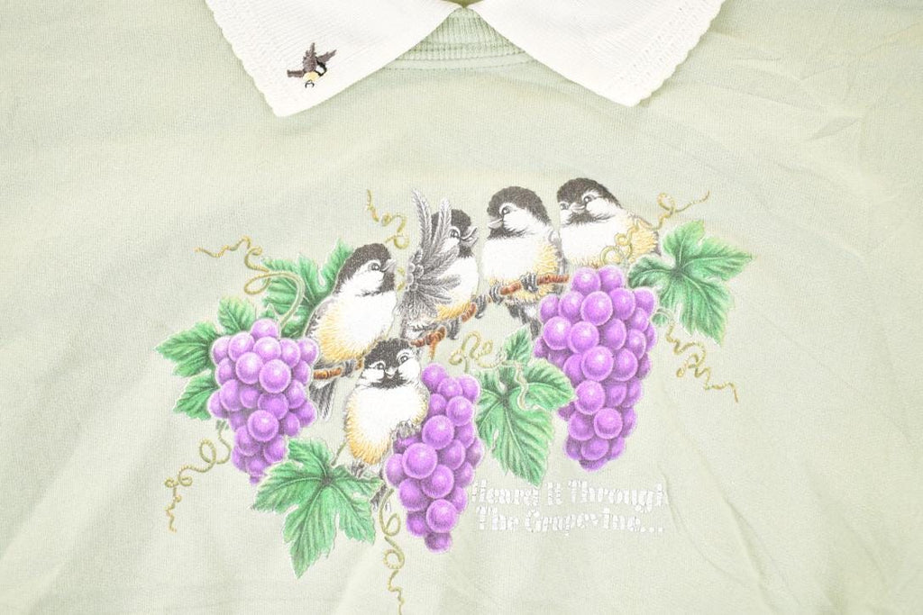 Vintage 1990s Grapevine Birds Cute Cartoon Collared Sweatshirt Women's 3X