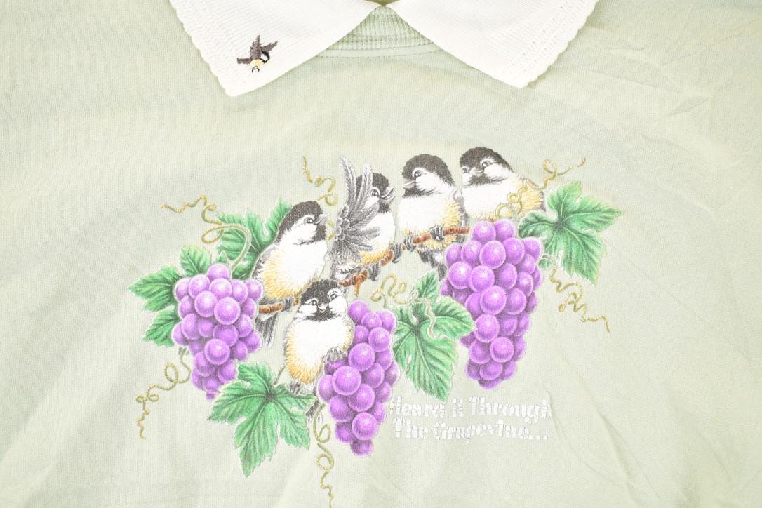 Vintage 1990s Grapevine Birds Cute Cartoon Collared Sweatshirt Women's 3X