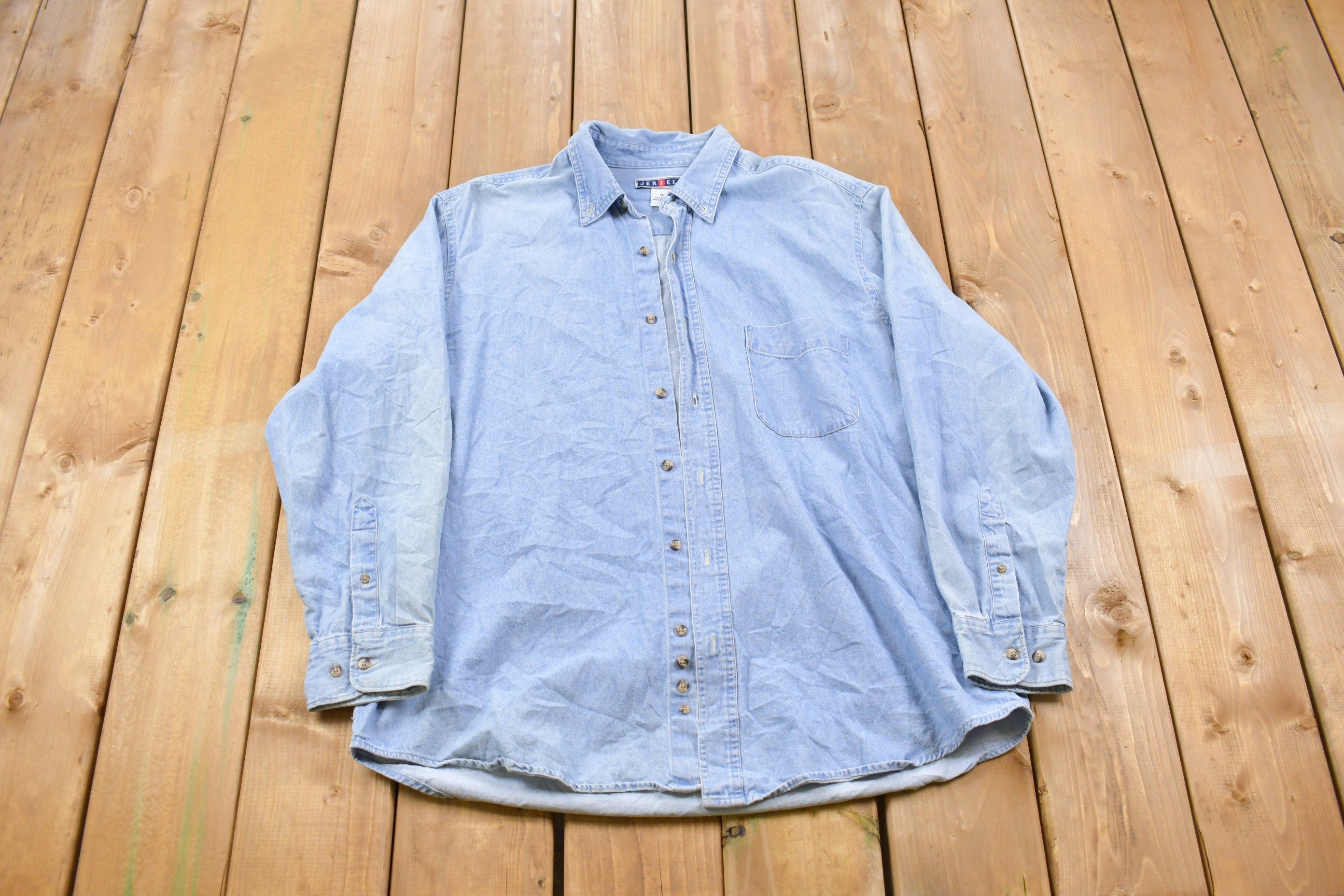 Vintage 1990s Jerzees Skull Back Print Denim Button Up Shirt