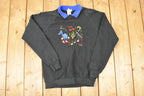Vintage 1990s Ragz From Richards Embroidered Music Notes Collared Sweatshirt Mens M