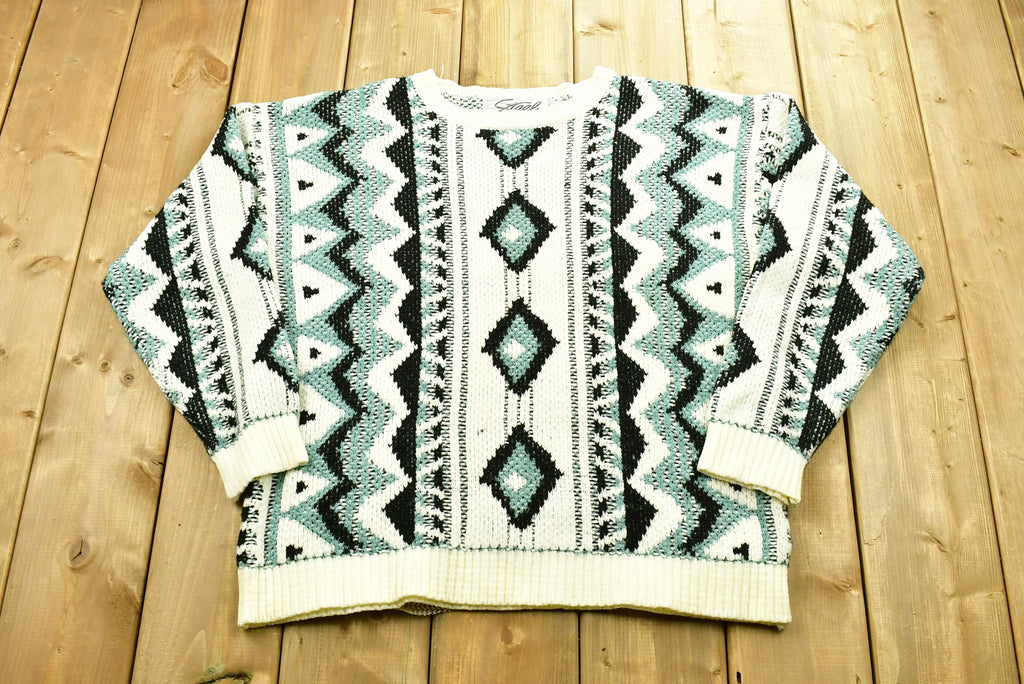 Vintage Aztec Knitted Sweater / Vintage 90s Crewneck / Grandpa Sweater / Hand Knit / Pullover Sweatshirt / Steel