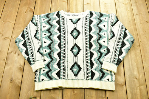 Vintage Aztec Knitted Sweater / Vintage 90s Crewneck / Grandpa Sweater / Hand Knit / Pullover Sweatshirt / Steel