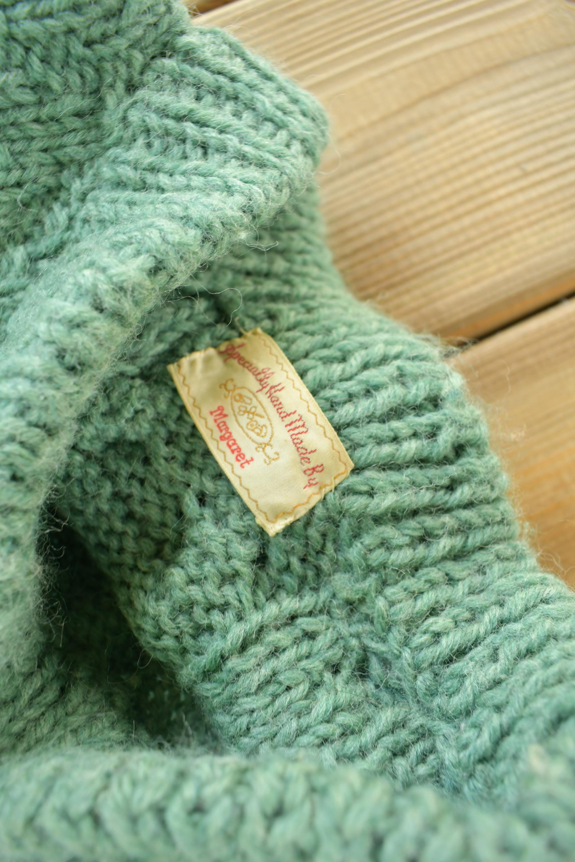 Vintage 1990s Hand Made 3D Green Colored Cable Knit Crewneck Sweater