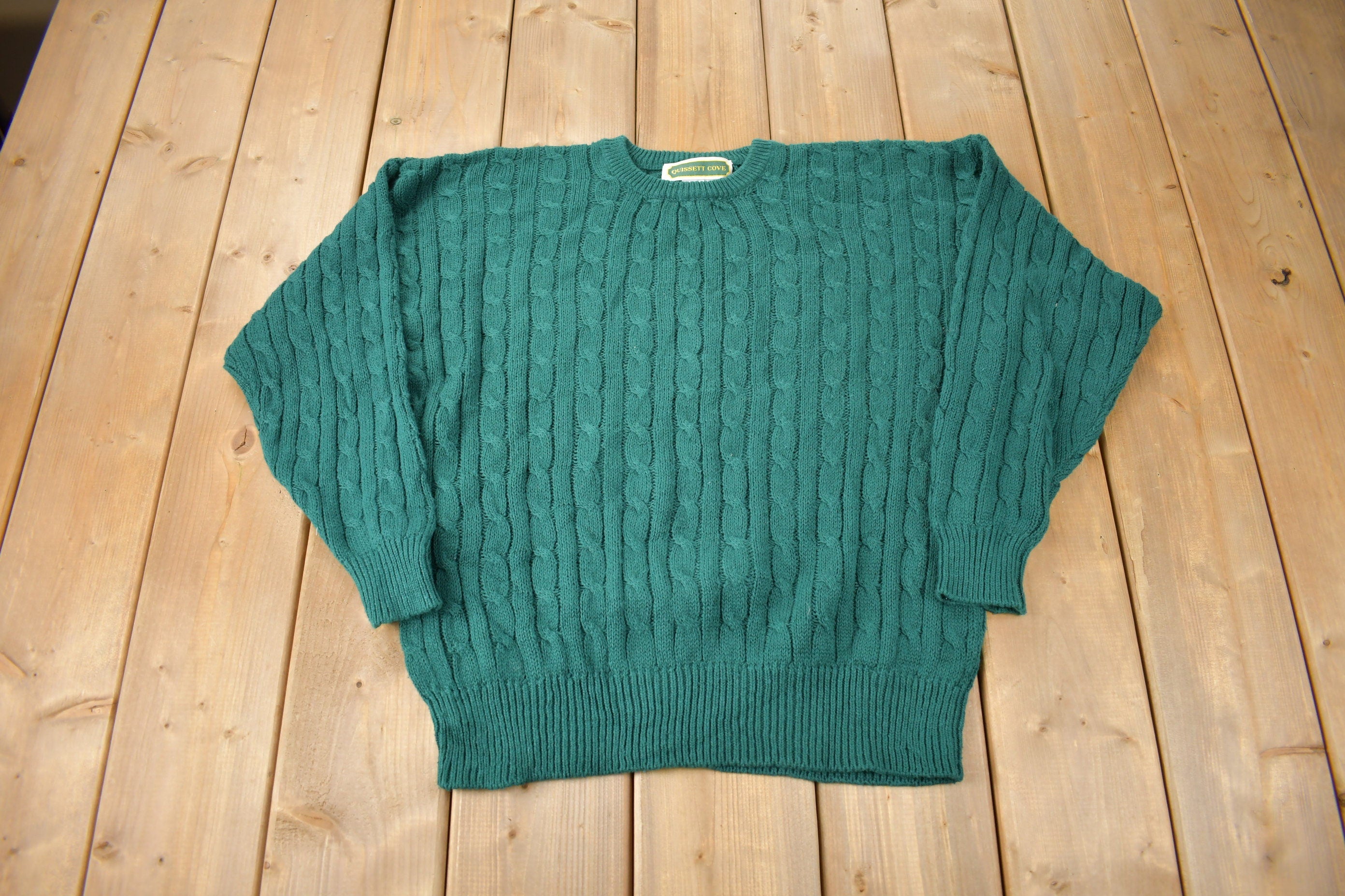 Vintage 1990s Quissett Cove Green Cable Knit Crewneck Sweater