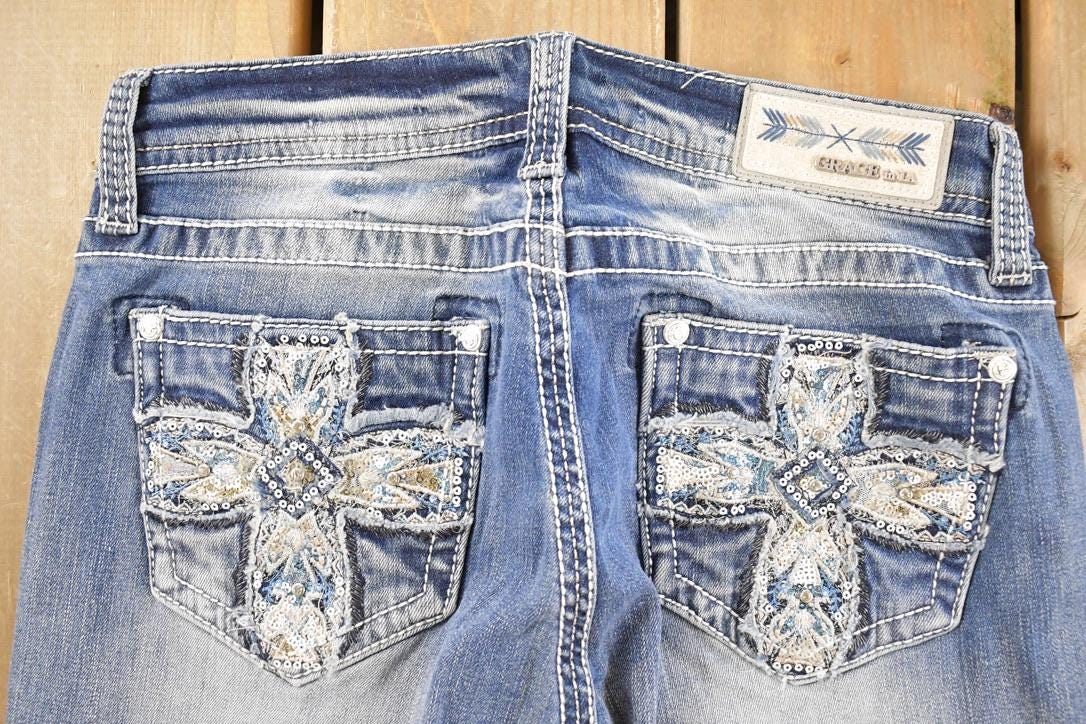Vintage Deadstock Y2K Grace In LA Bedazzled Bootcut Low Rise Jeans Women's Size 27 x 32