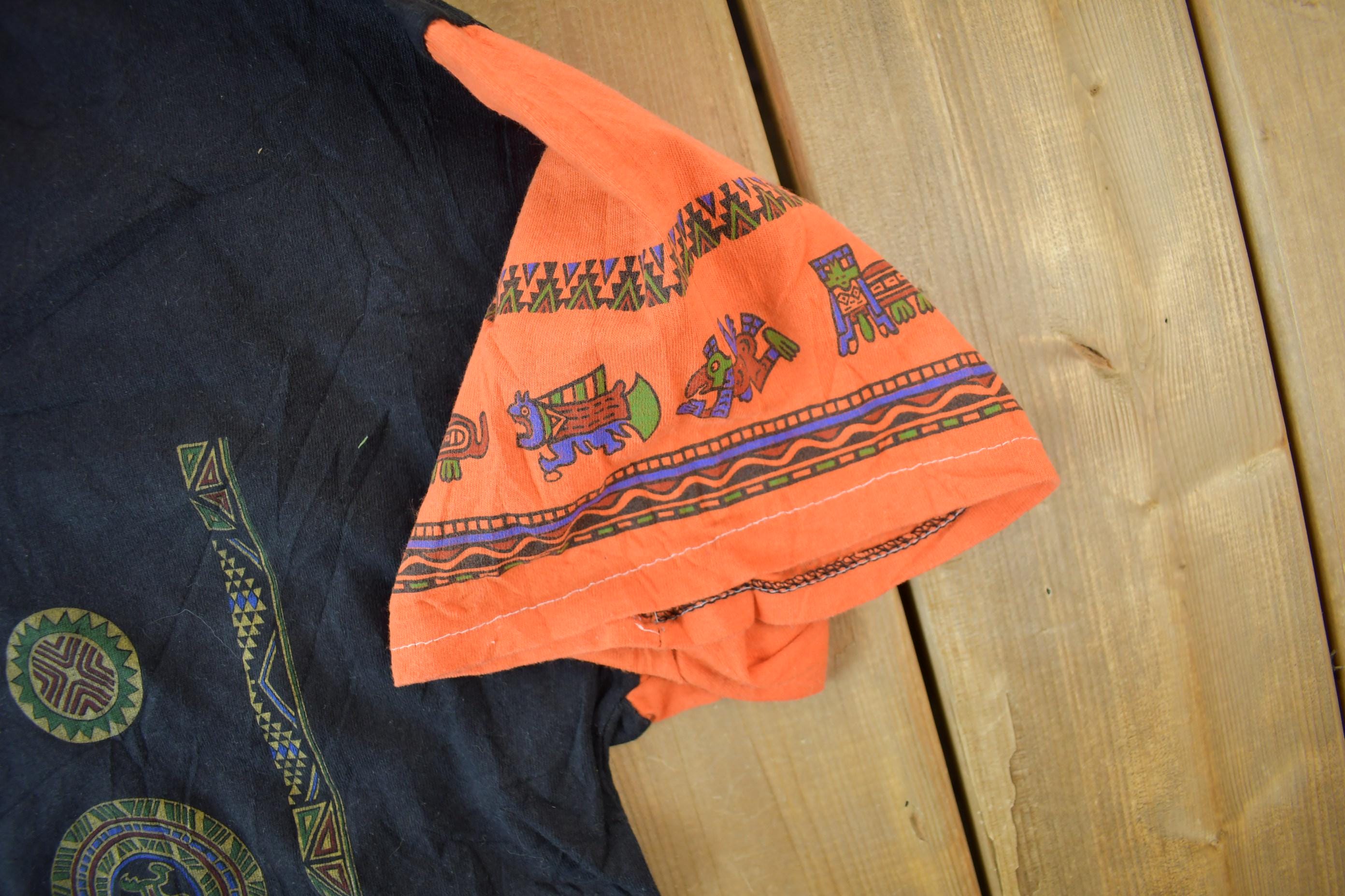 Vintage 1990s Aztec Mayan Theme Single Stitch Graphic Hooded T-Shirt Made In UK