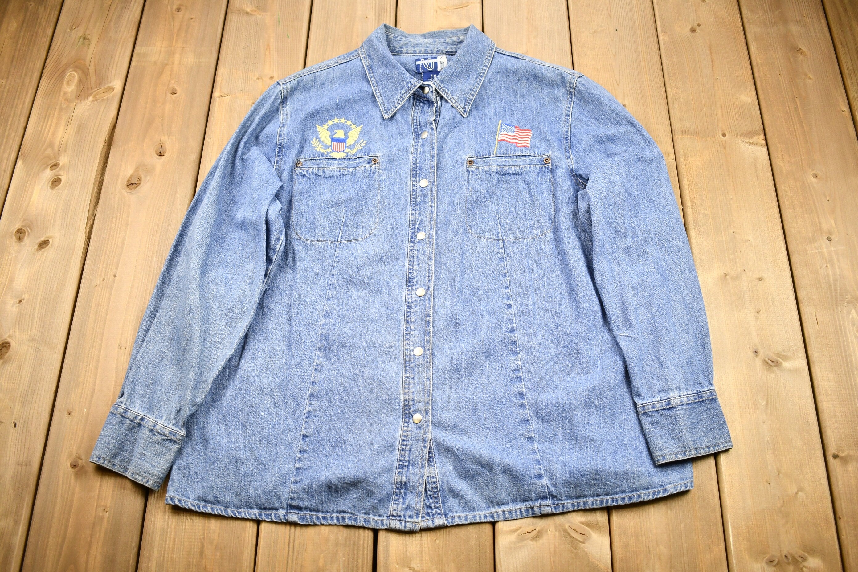 Venezia 1990s Embroidered Denim Snap Button Jean Shirt