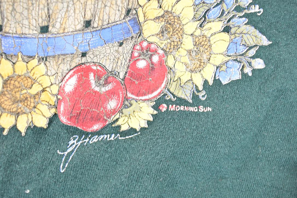 Vintage 1990s Morning Sun Petite Double Collar Apple Cat Bushel Cute Cartoon Crewneck Sweatshirt Women's L