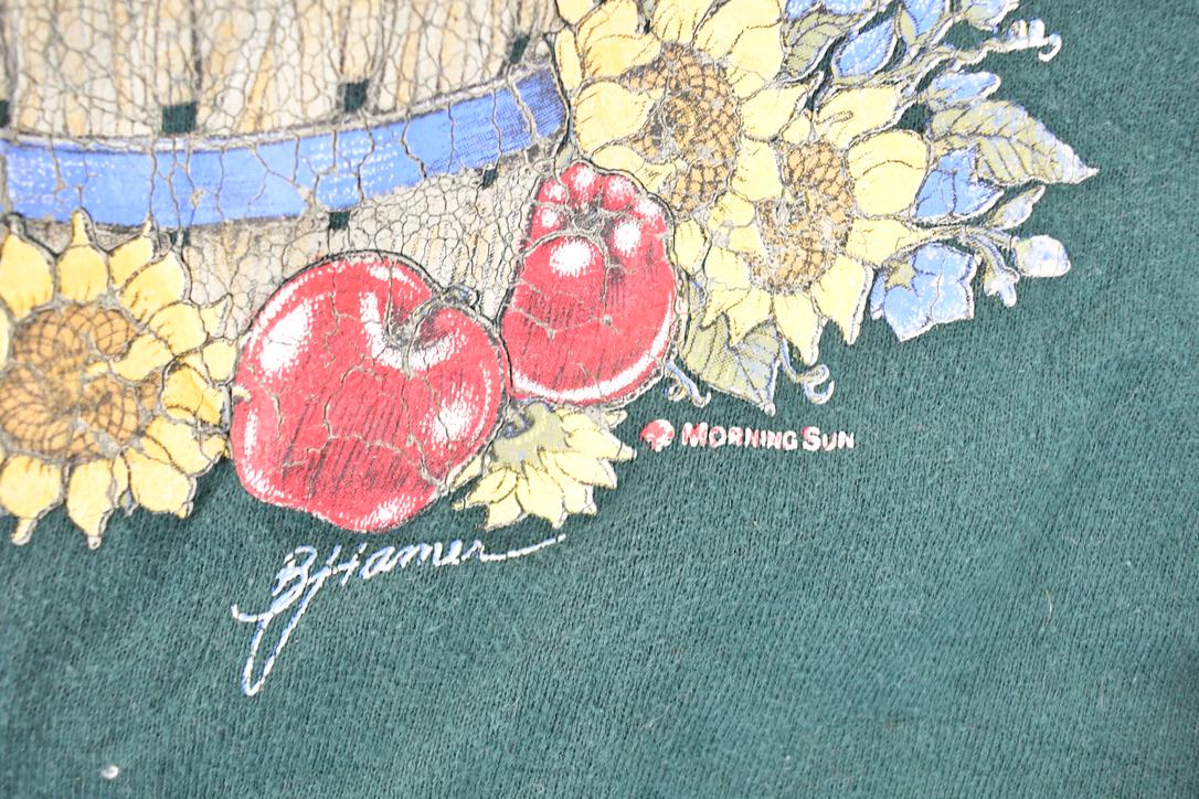 Vintage 1990s Morning Sun Petite Double Collar Apple Cat Bushel Cute Cartoon Crewneck Sweatshirt Women's L