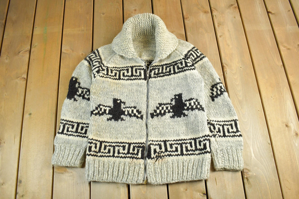 Vintage 1960s 1970s Hand-Knit Eagle Theme Cowichan Sweater Adult Small