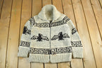 Vintage 1960s 1970s Hand-Knit Eagle Theme Cowichan Sweater Adult Small