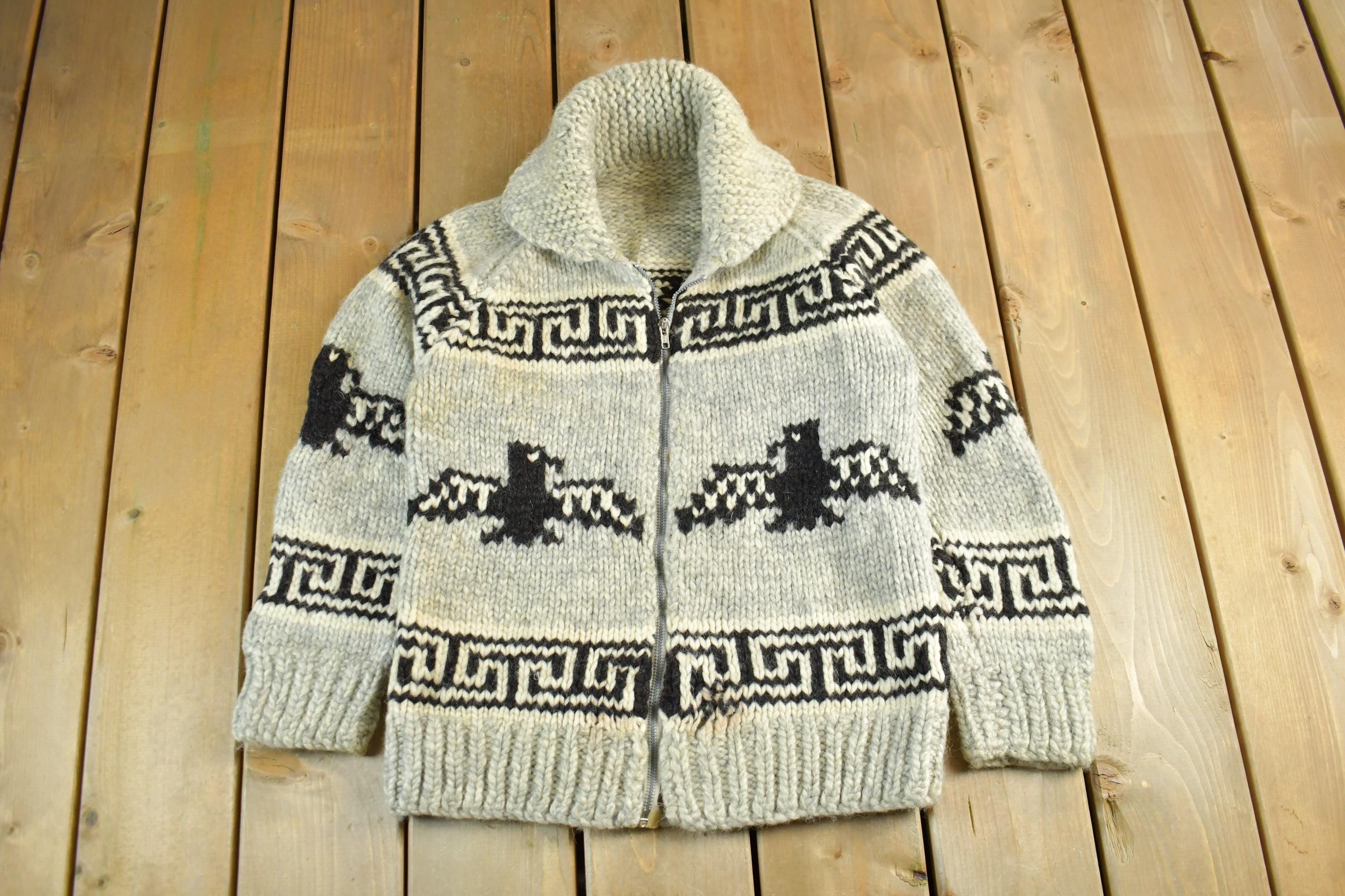 Vintage 1960s 1970s Hand-Knit Eagle Theme Cowichan Sweater Adult Small