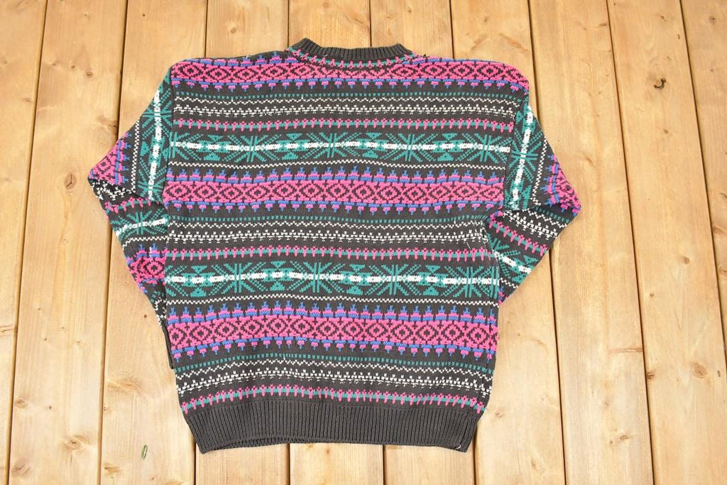 Vintage 1990s Snowflake Striped Knit AOP Crewneck Sweater Women's XL