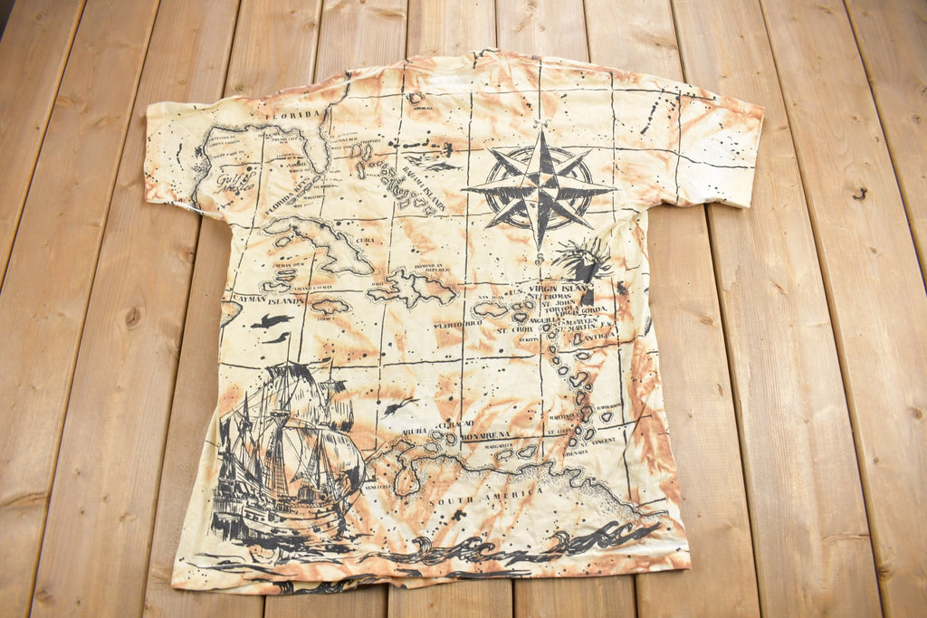 Vintage 1990s Tropical Paradise All Over Print Map Theme Souvenir T Shirt
