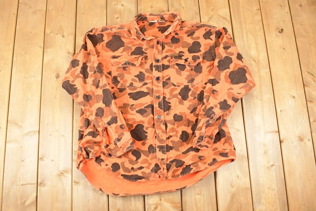Vintage 1990s Woolrich Orange Camo Button Up Flannel Shirt Men's L