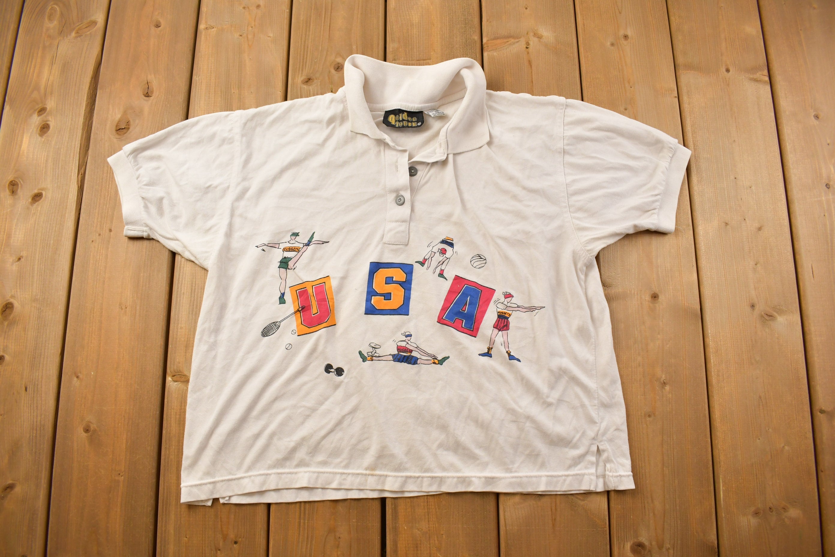 Vintage 1990s Cropped USA Athletics Graphic Collard T Shirt