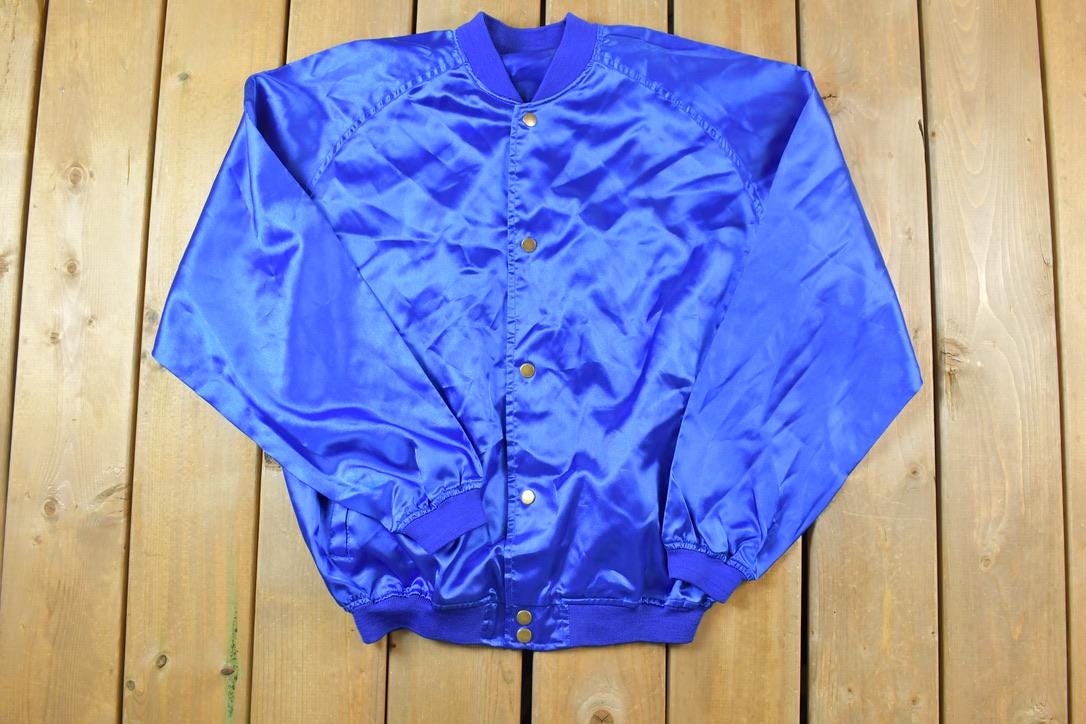 Vintage 1980s Blue Snap Button Satin Jacket Made In USA