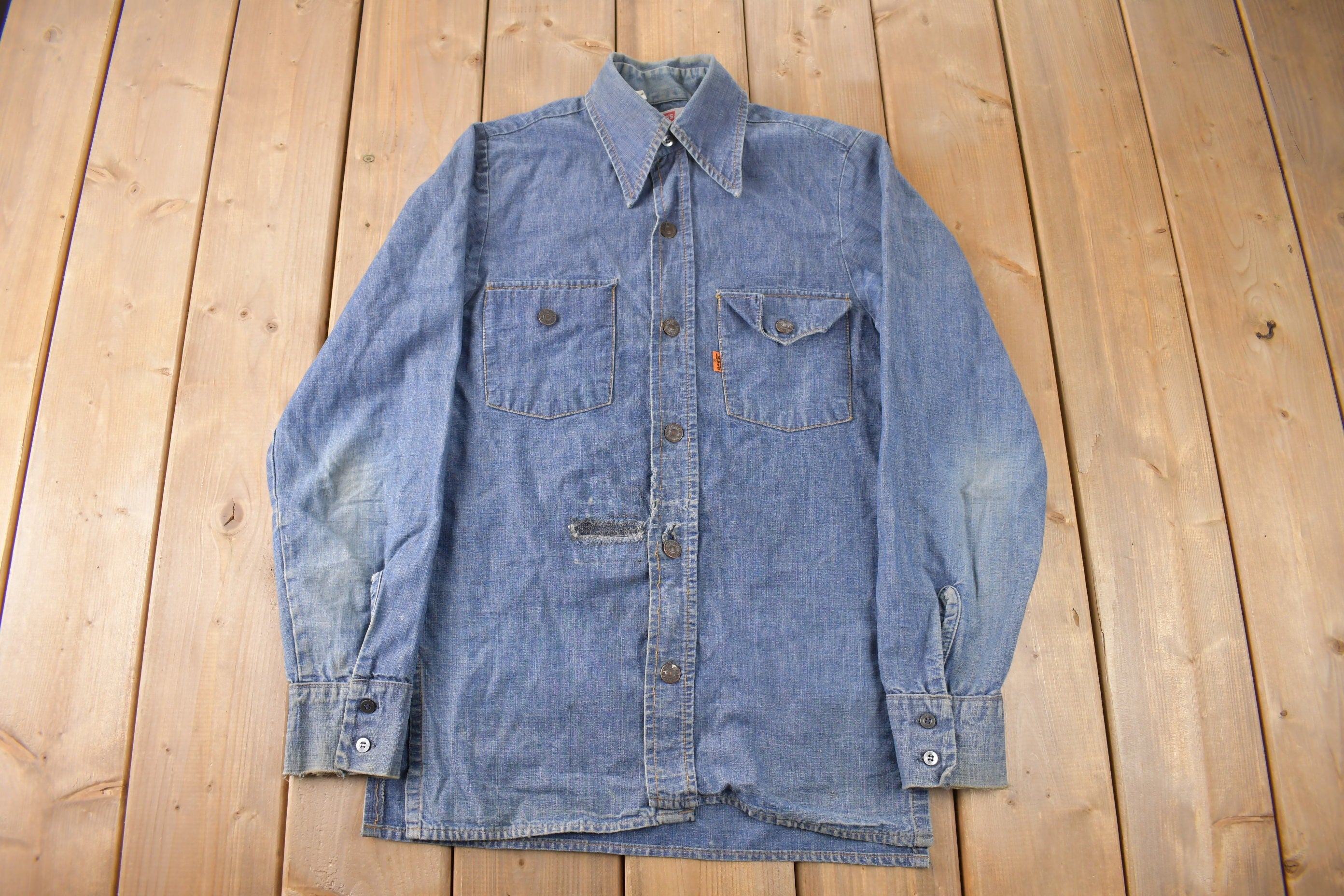 Vintage 1970s Levi's Orange Tab Denim Button Up Flannel Shirt Size S
