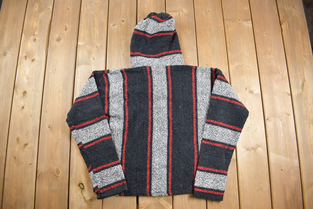 Vintage 1990s Hooded Pullover Striped Knit Poncho Blanket Hoodie  90s Hoodie  Vintage Sweater  Earth Rug  90s Mexican Poncho