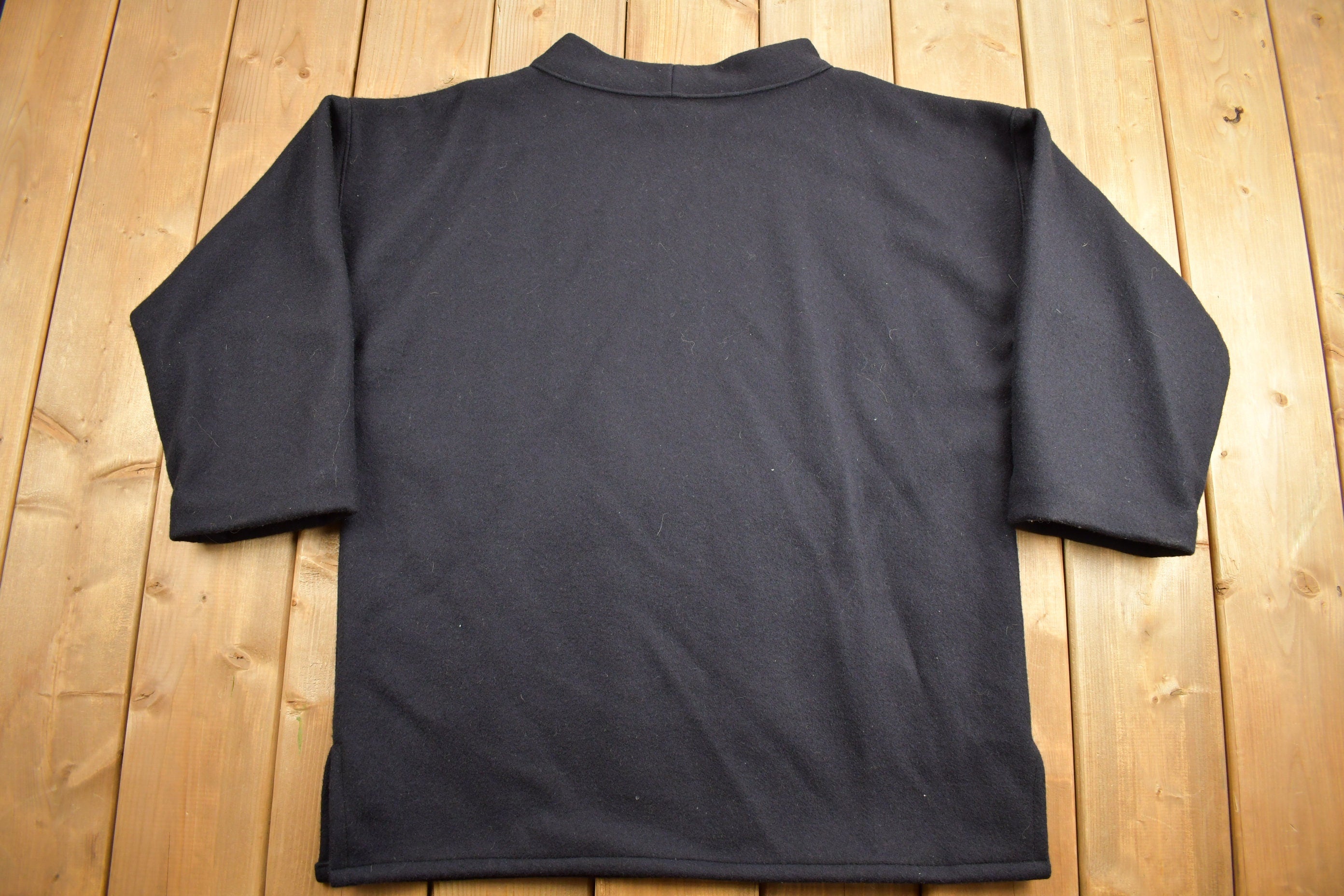 Vintage 1980s 100% Wool Black Sail Boat Embroidered Mock Neck Sweater